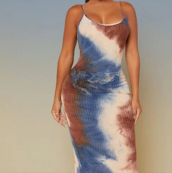 Dresses & Skirts - Tie-Dye Ribbed Midi Tank Dress - Blue & Brown